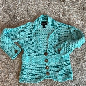 🍍 Pure Handknit Sweater XS Crochet Aqua Collared 100% Cotton Cropped🍍